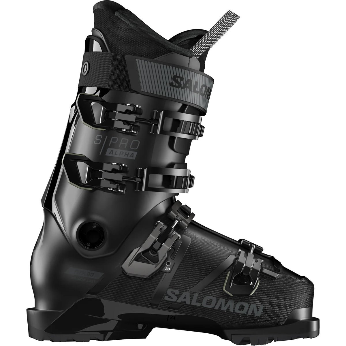 Black Salomon ski boot on a white background