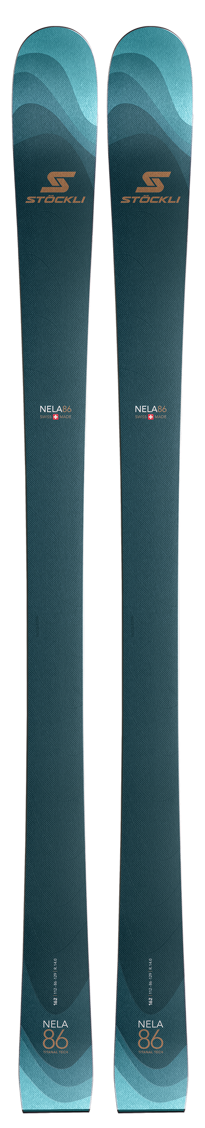 Two stockli skis shown side by side against a plain white background, with visible branding and a dark teal-to-blue gradient design.