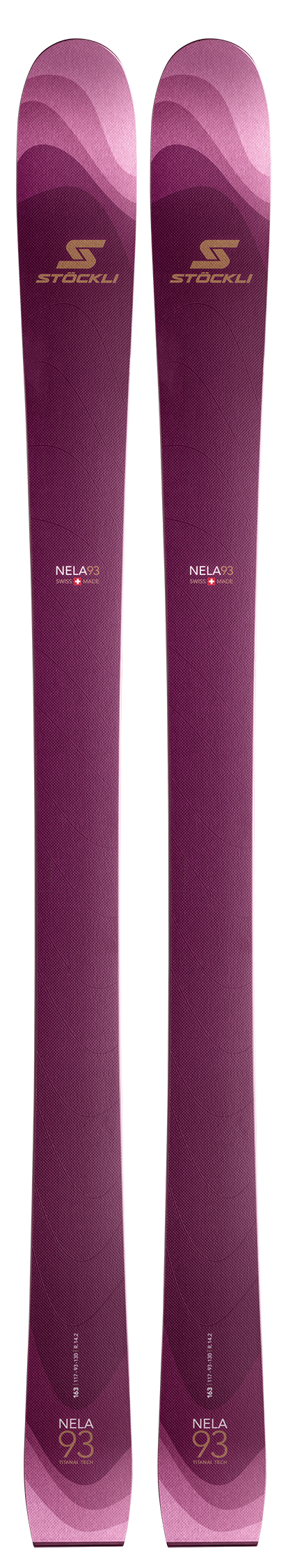 A pair of Stockli skis in a deep magenta-purple color with gold branding and subtle pink wave patterns, shown from the side against a white background.