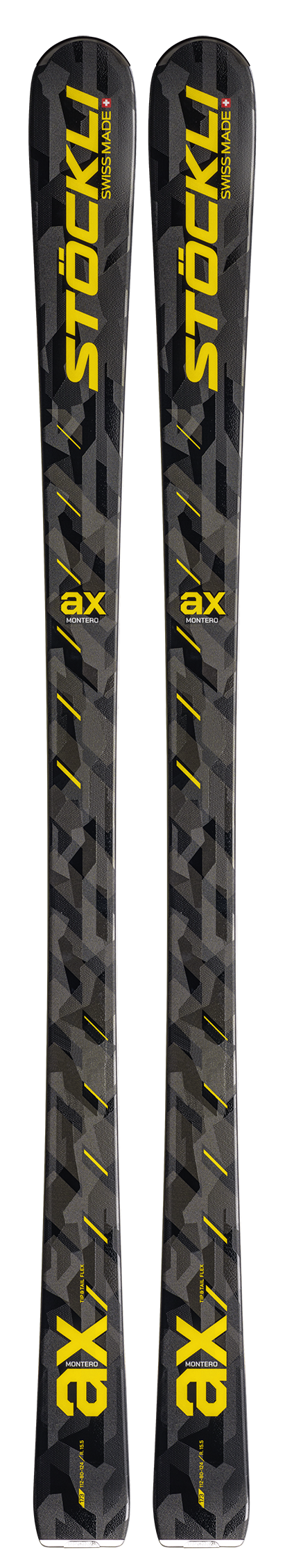 Two black and gray STOCKLI AX ski blades shown side-by-side, featuring yellow branding and technical markings.