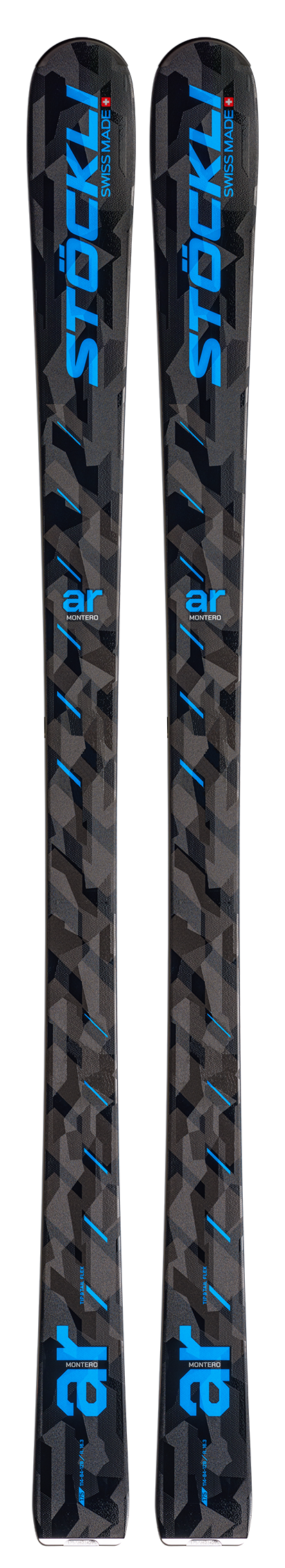 Two black and gray camo-patterned ski boots shown side-by-side against a white background, featuring the blue 'STOCKLI' brand name and 'ar' model marking.